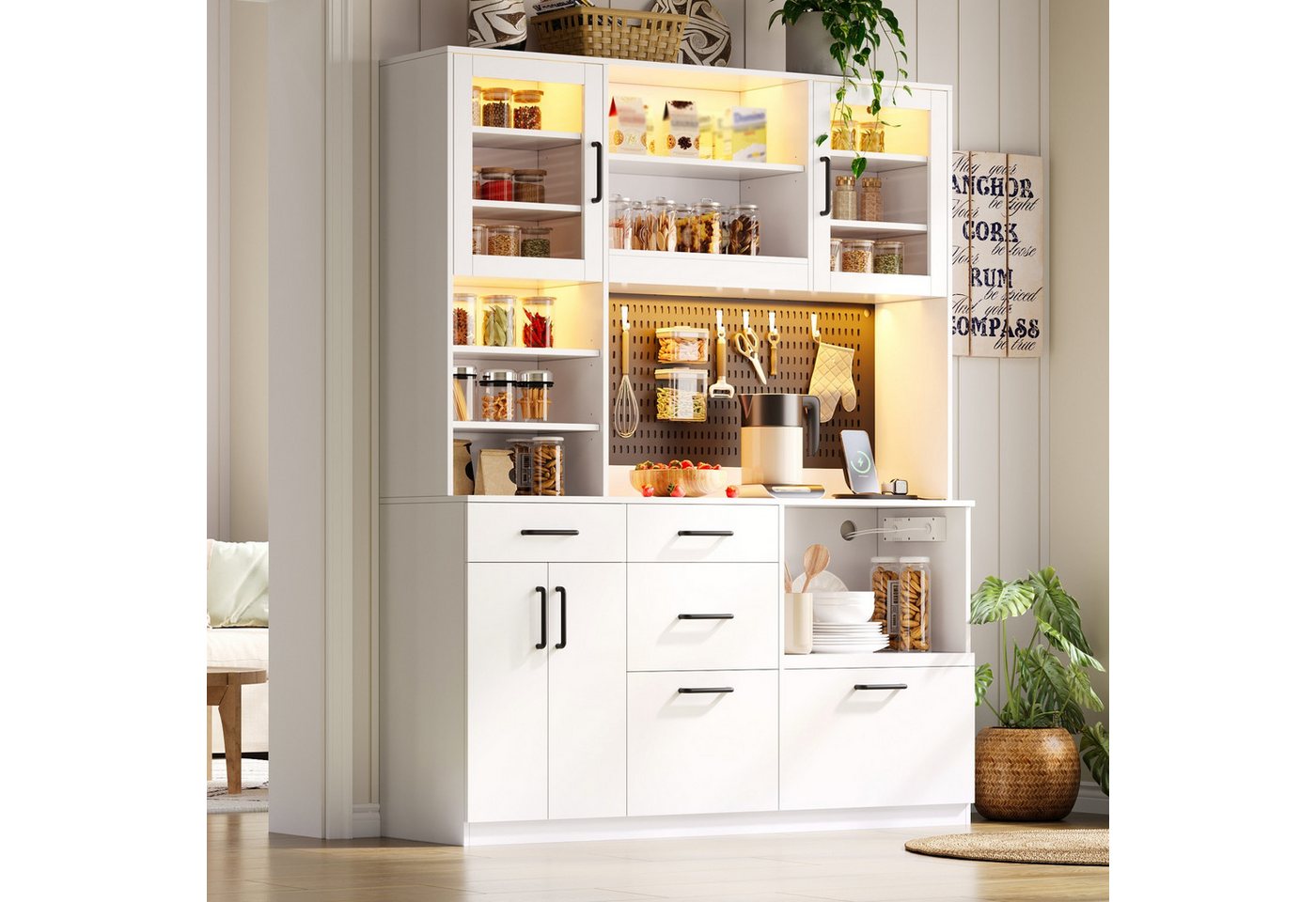 Flieks Küchenbuffet Hochschrank mit Arbeitsplatte, LED-Beleuchtung, Lochplatte, Steckdosen (B145/T40/H185 cm, 1-St) Küchenschrank Mehrzweckschrank mit verstellbare Einlegeböden Weiß Bild 2