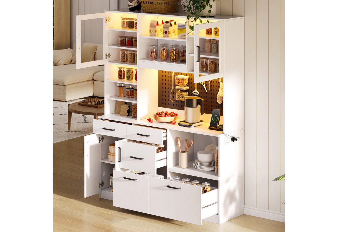 Flieks Küchenbuffet Hochschrank mit Arbeitsplatte, LED-Beleuchtung, Lochplatte, Steckdosen (B145/T40/H185 cm, 1-St) Küchenschrank Mehrzweckschrank mit verstellbare Einlegeböden Weiß Bild 3