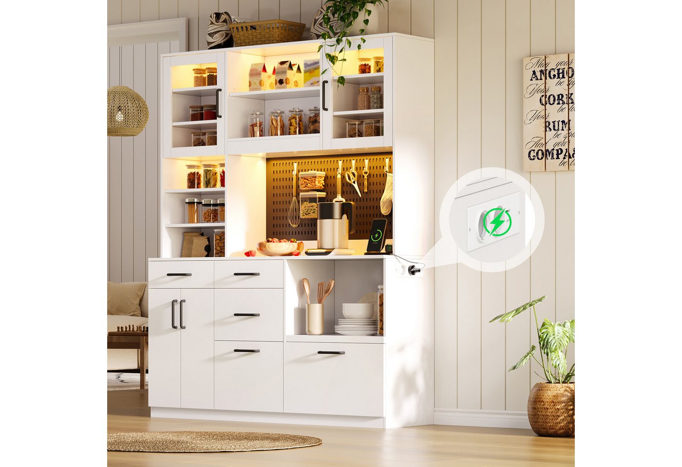 Flieks Küchenbuffet Hochschrank mit Arbeitsplatte, LED-Beleuchtung, Lochplatte, Steckdosen (B145/T40/H185 cm, 1-St) Küchenschrank Mehrzweckschrank mit verstellbare Einlegeböden Weiß Bild 4