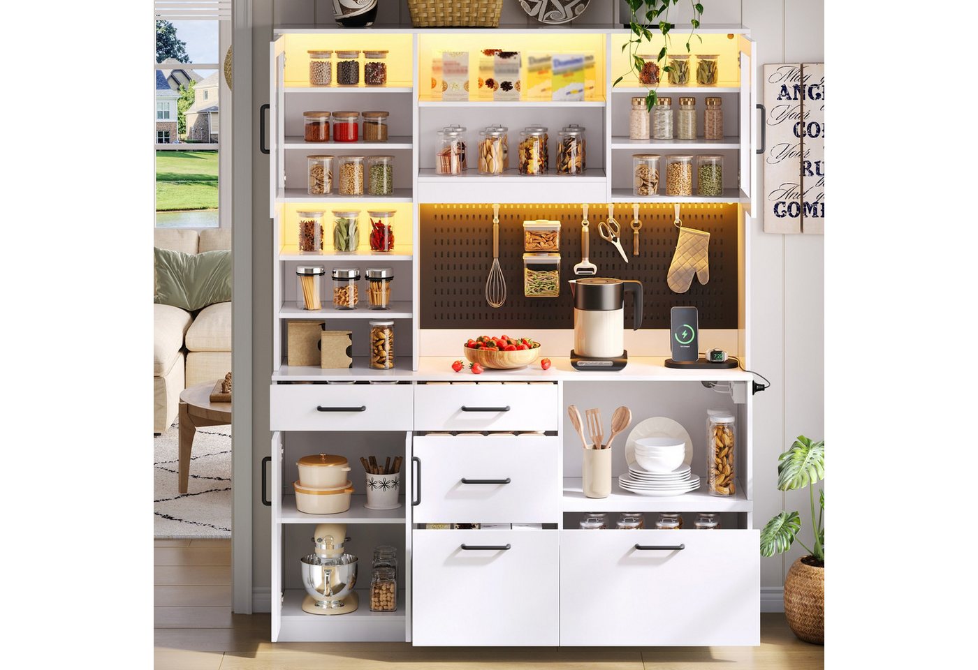 Flieks Küchenbuffet Hochschrank mit Arbeitsplatte, LED-Beleuchtung, Lochplatte, Steckdosen (B145/T40/H185 cm, 1-St) Küchenschrank Mehrzweckschrank mit verstellbare Einlegeböden Weiß Bild 5