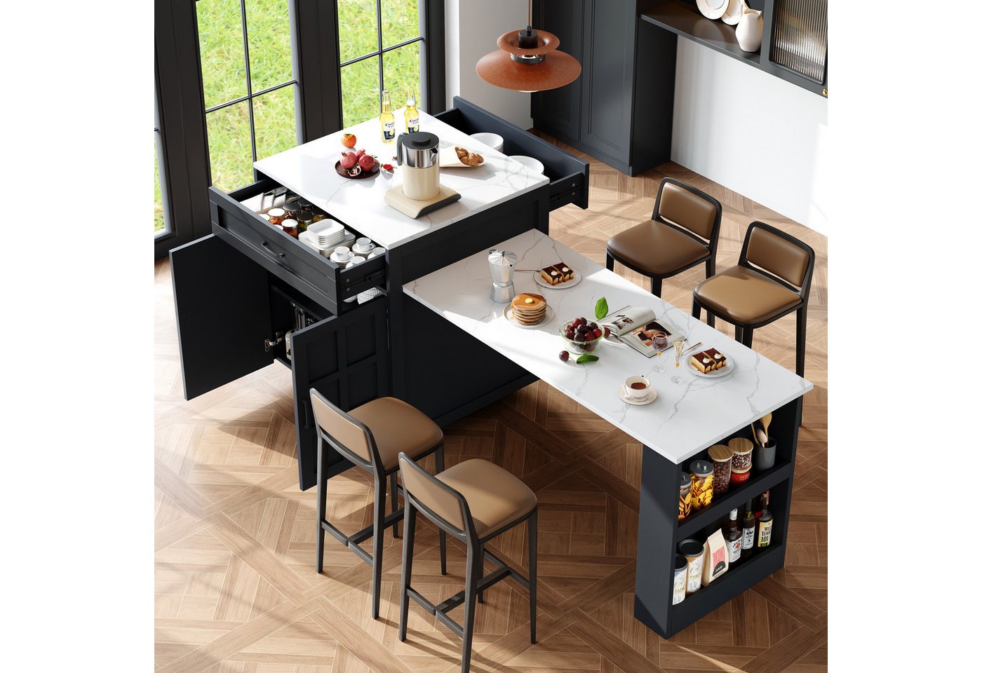 KLAM HOME Kücheninsel Ausziehbarer Bartisch Mit Stauraum Und Schubladen Kücheninsel, (Multifunktionaler Küchen Esswagen Von 133 Auf 202 Cm), Weißer MDF Bartisch Für 2-6 Personen Als Praktische Raumtrennung