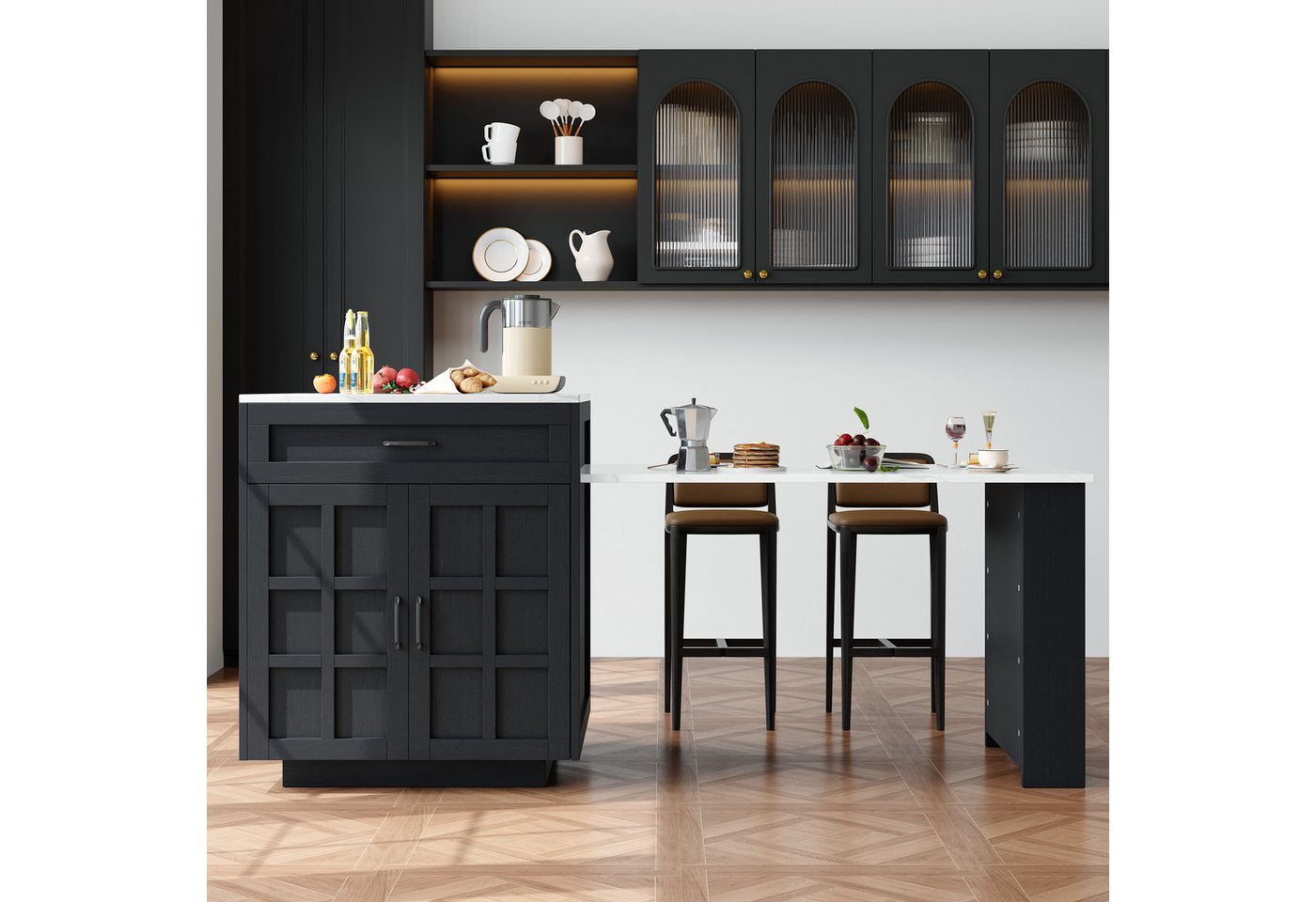 KLAM HOME Kücheninsel Ausziehbarer Bartisch Mit Stauraum Und Schubladen Kücheninsel, (Multifunktionaler Küchen Esswagen Von 133 Auf 202 Cm), Weißer MDF Bartisch Für 2-6 Personen Als Praktische Raumtrennung Bild 2