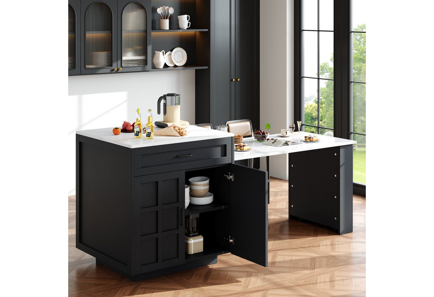 KLAM HOME Kücheninsel Ausziehbarer Bartisch Mit Stauraum Und Schubladen Kücheninsel, (Multifunktionaler Küchen Esswagen Von 133 Auf 202 Cm), Weißer MDF Bartisch Für 2-6 Personen Als Praktische Raumtrennung Bild 4