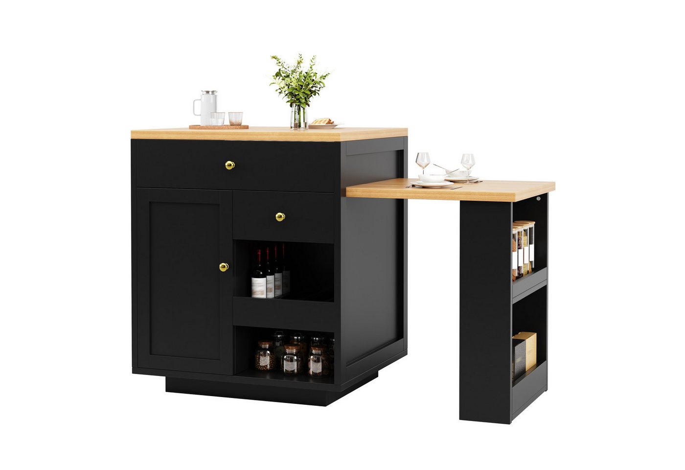 Flieks Kücheninsel mit ausziehbarer Esstisch, 3 Schubladen und 1 Türablagen, (122,5-195,5cm Länge verstellbar), Multifunktionaler Küchenschrank mit erweiterbarer Tisch Schwarz