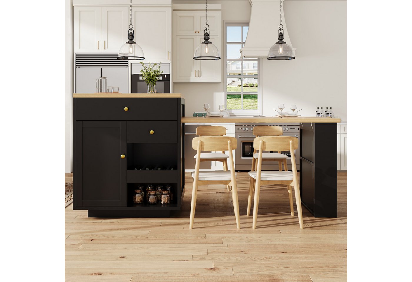 Flieks Kücheninsel mit ausziehbarer Esstisch, 3 Schubladen und 1 Türablagen, (122,5-195,5cm Länge verstellbar), Multifunktionaler Küchenschrank mit erweiterbarer Tisch Schwarz Bild 2