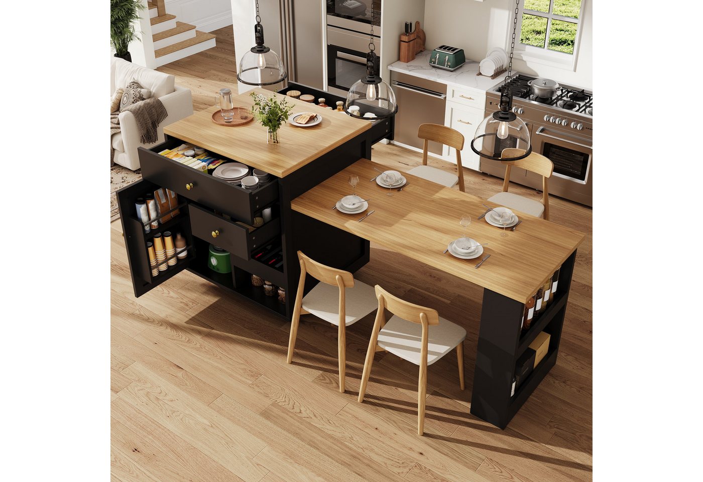 Flieks Kücheninsel mit ausziehbarer Esstisch, 3 Schubladen und 1 Türablagen, (122,5-195,5cm Länge verstellbar), Multifunktionaler Küchenschrank mit erweiterbarer Tisch Schwarz Bild 3
