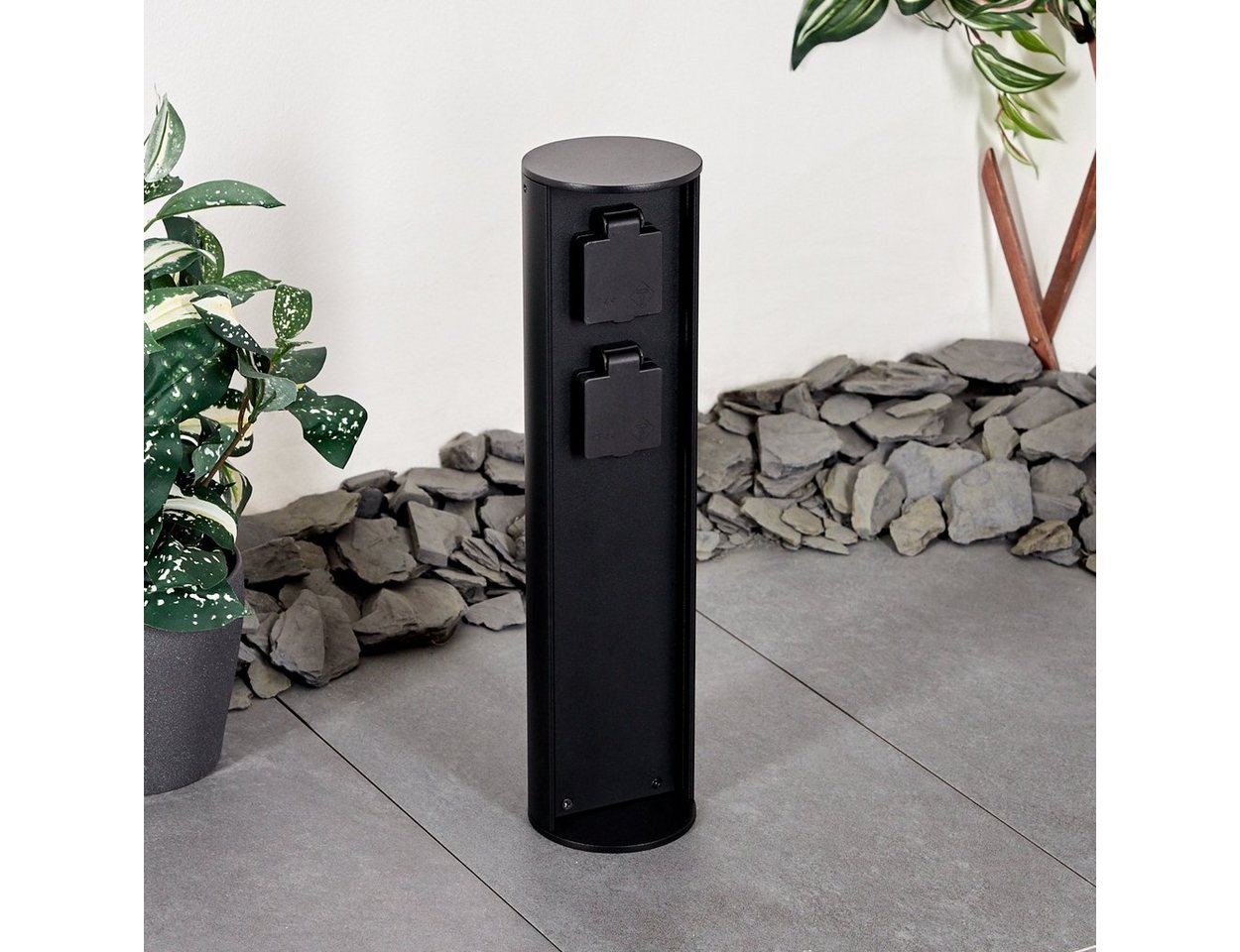 hofstein Gartenleuchte »Pioppi« Steckdosensäule zylindrische Säule aus Metall in schwarz, 2-fach Gartensteckdose mit Klappdeckel, IP44, 16A/250V Anschluss