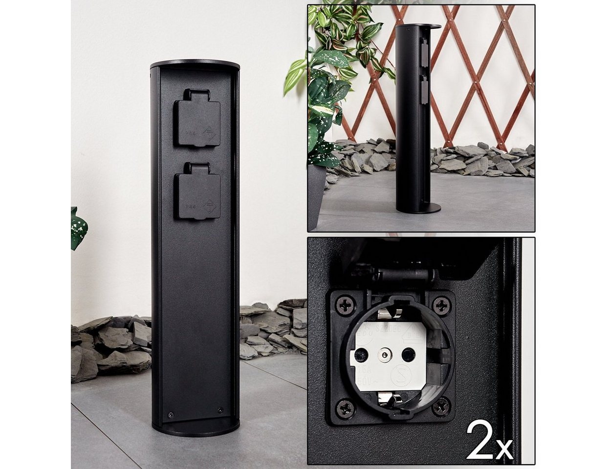 hofstein Gartenleuchte »Pioppi« Steckdosensäule zylindrische Säule aus Metall in schwarz, 2-fach Gartensteckdose mit Klappdeckel, IP44, 16A/250V Anschluss Bild 3