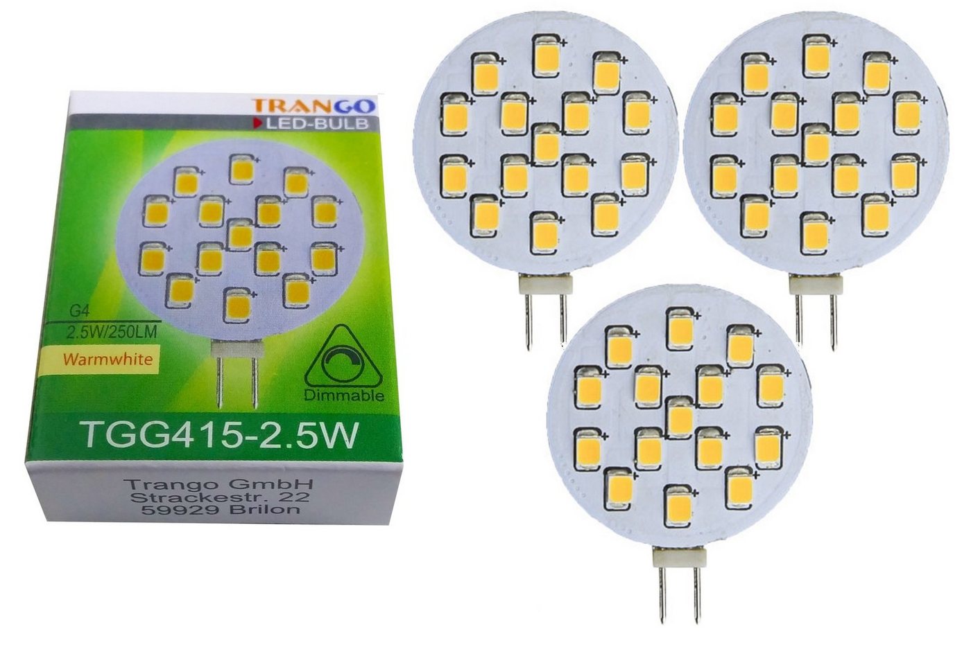 TRANGO LED-Leuchtmittel, 3er Pack G415-2.5/3 LED Leuchtmittel G4 Fassung zum Austausch G4 MR16 Halogen Leuchtmittel 12Volt AC/DC - 2.5 Watt 250 Lumen 3000K warmweiß Möbel Einbaustrahler, 3 St., Schrank Einbauleuchte, Deckenleuchte Bild 2