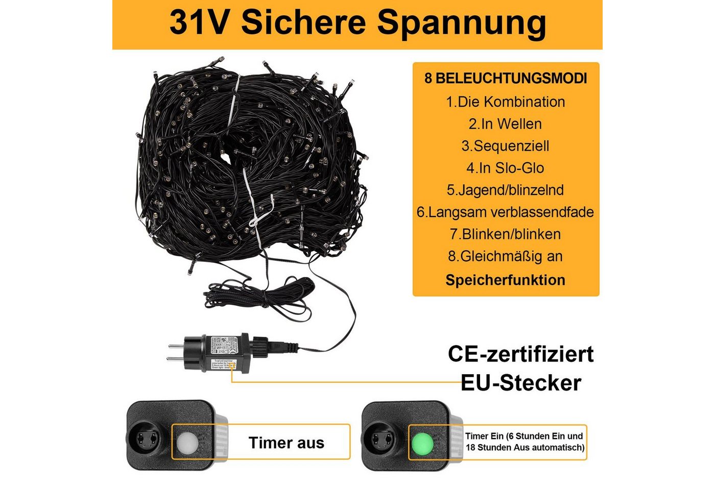 Sunicol LED-Lichterkette 5-100M lichterkette innen, USB/mit Stecker, Warmweiß, 500-flammig, Dimmbar, 8 Modi, Timer, für Weihnachten Garten Party Bild 2
