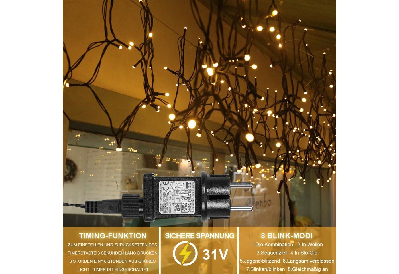 Sunicol LED-Lichterkette 5-100M lichterkette innen, USB/mit Stecker, Warmweiß, 500-flammig, Dimmbar, 8 Modi, Timer, für Weihnachten Garten Party Bild 3