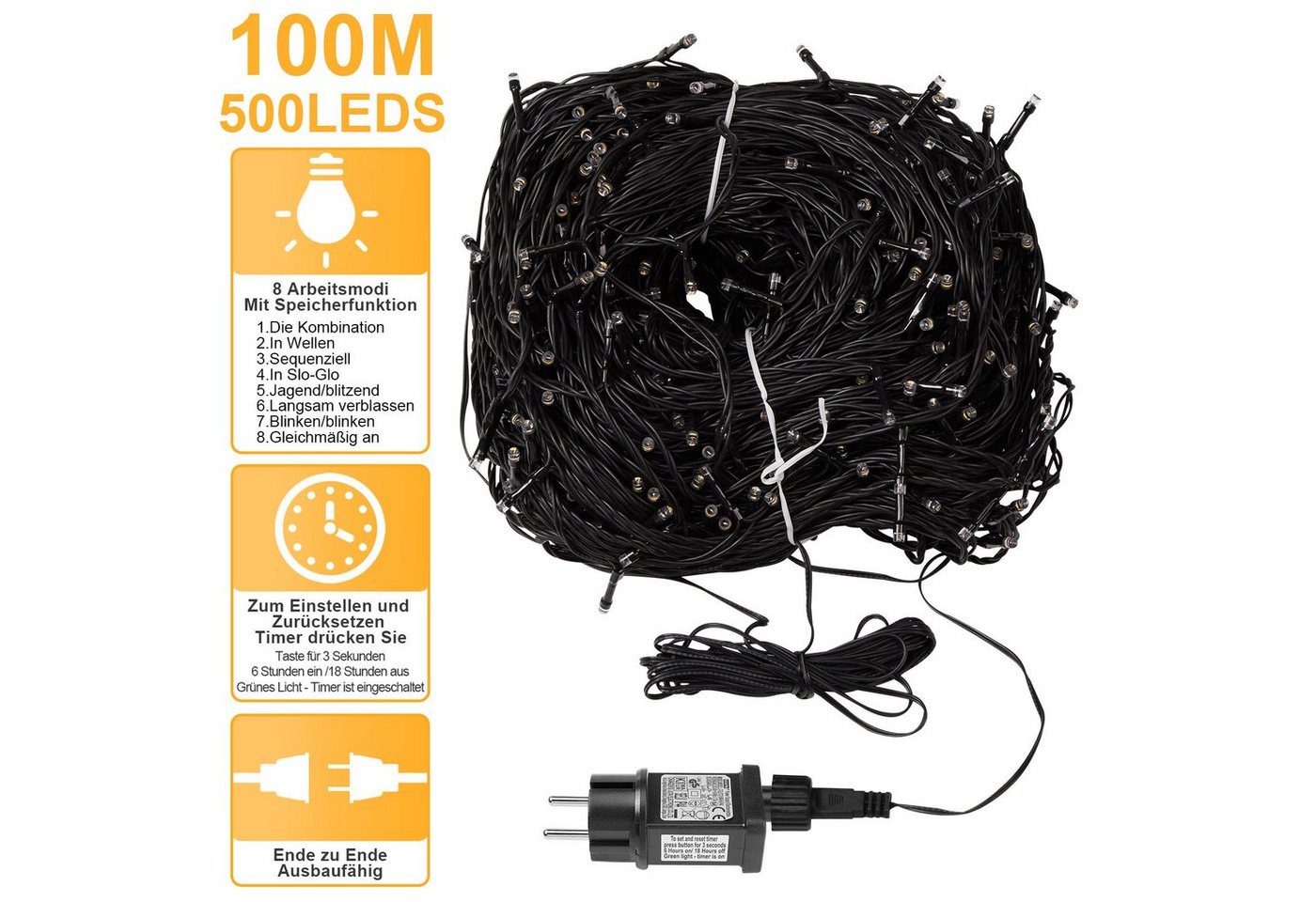 Sunicol LED-Lichterkette 5-100M lichterkette innen, USB/mit Stecker, Warmweiß, 500-flammig, Dimmbar, 8 Modi, Timer, für Weihnachten Garten Party Bild 4