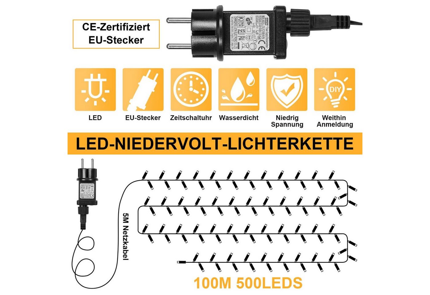 Sunicol LED-Lichterkette 5-100M lichterkette innen, USB/mit Stecker, Warmweiß, 500-flammig, Dimmbar, 8 Modi, Timer, für Weihnachten Garten Party Bild 5