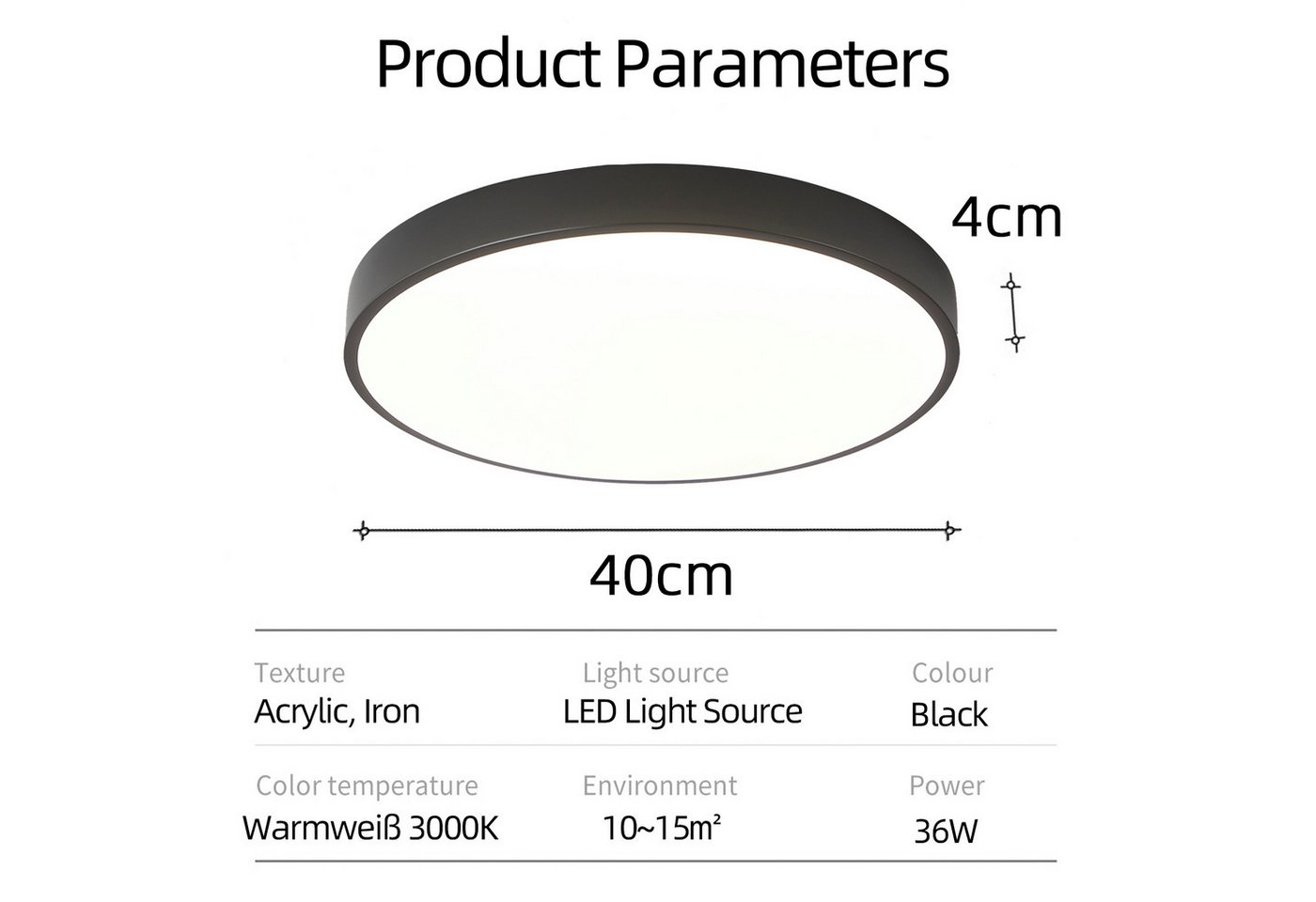 style home LED Deckenleuchte Modern Deckenlampe für Wohnzimmer Schlafzimmer, 36W-Warmweiß 3000K, LED fest integriert, Warmweiß 3000K ohne Fernbedienung, Runde Flach Lampe aus Metall, 36W, Ø40*4cm,Schwarz
