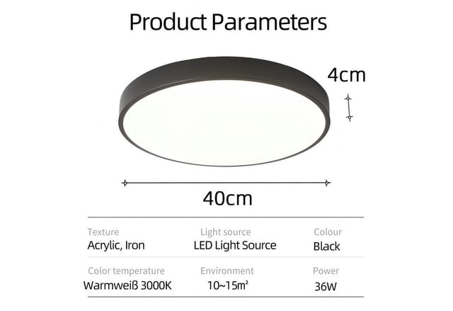 style home LED Deckenleuchte Modern Deckenlampe für Wohnzimmer Schlafzimmer, 36W-Warmweiß 3000K, LED fest integriert, Warmweiß 3000K ohne Fernbedienung, Runde Flach Lampe aus Metall, 36W, Ø40*4cm,Schwarz