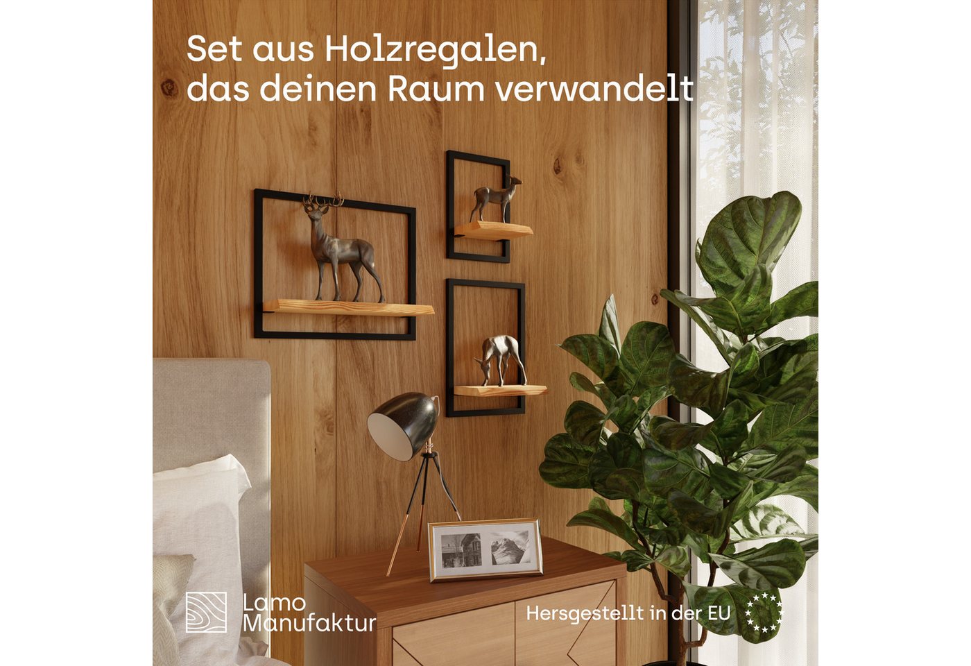 LAMO Manufaktur Wandregal Holz Set 3 St. 15/20/35cm Farbe: Ebenholz, Rahmen: Schwarz, Schweberegal Massiv 100% Echtholz, Küchenregal Wand, Badezimmer Regal Hängend, Wandregal Wohnzimmer Bild 5