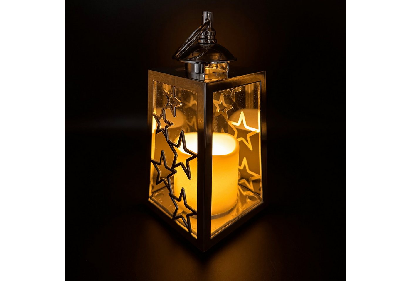 Online-Fuchs LED Laterne im 3er Set mit LED-Kerzen, Timer und Sternen verziert - Outdoor, Dauerleuchten oder Flackereffekt wählbar, warmweiße LED-Flamme, Dekoration für Herbst, Winter und Weihnachten Bild 2