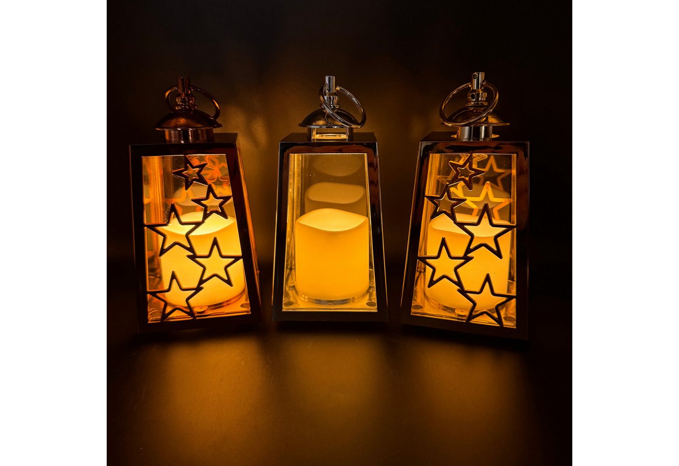 Online-Fuchs LED Laterne im 3er Set mit LED-Kerzen, Timer und Sternen verziert - Outdoor, Dauerleuchten oder Flackereffekt wählbar, warmweiße LED-Flamme, Dekoration für Herbst, Winter und Weihnachten Bild 3
