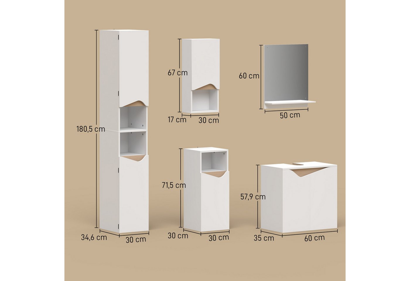 HOMCOM Badmöbel-Set Badezimmerschrank mit Soft-Close, (Komplett-Set, 5-St., Badmöbel), 34.6
