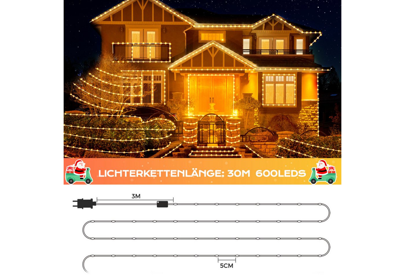 Quntis LED-Lichterkette lichterkette outdoor/ indoor mit Stecker, 9 Modi Osterndeko, 20/30M für Garten,Balkon,Hof,Hochzeit,party Lauflichteffekte