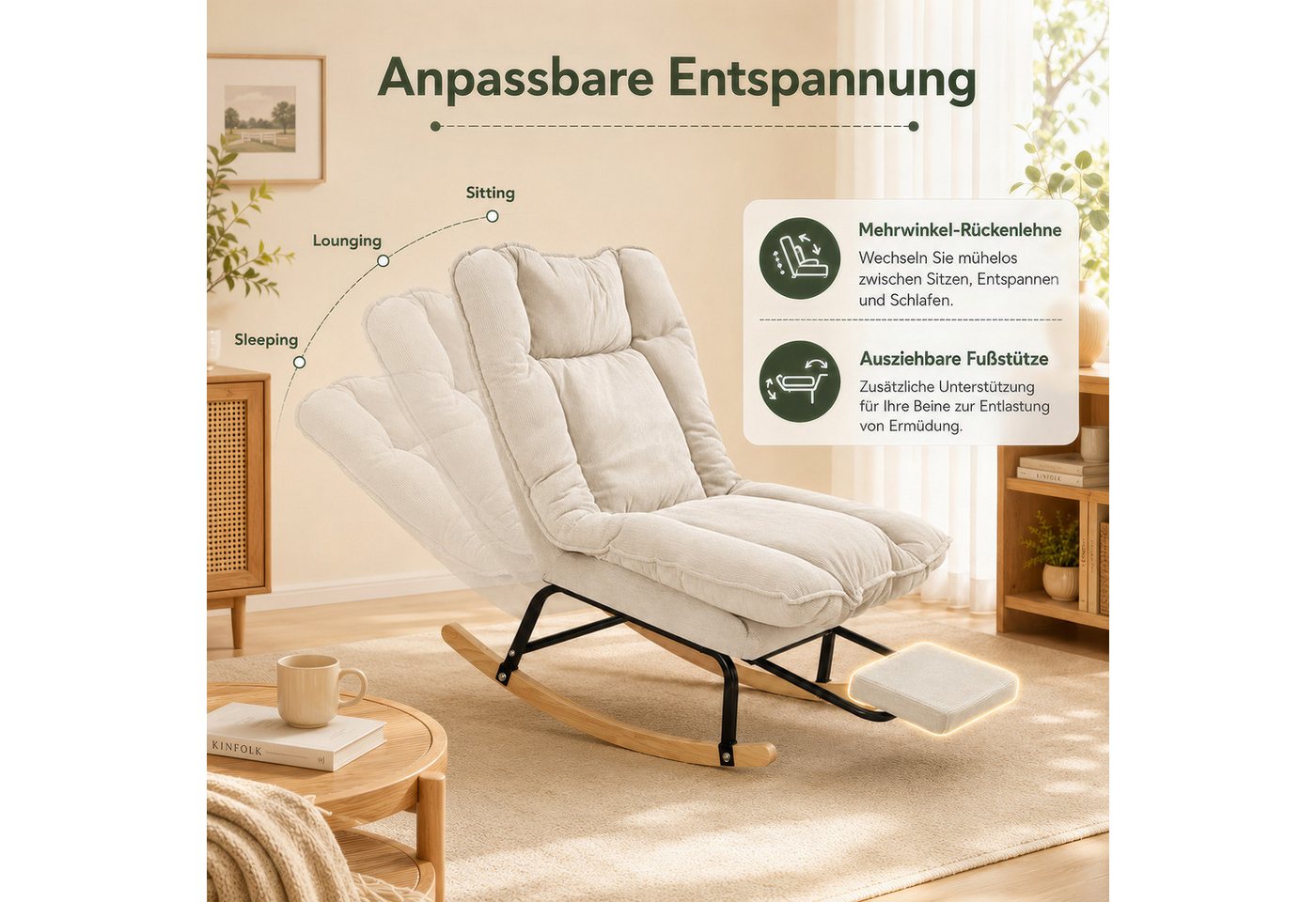 BlingBin Schaukelstuhl mit Fußstütze, verstellbar Rückenlehne, Schaukelsessel, Relaxsessel (Lesesessel, 1 St), Relaxstuhl, Gepolsterter sessel, Cord, bis 120 kg
