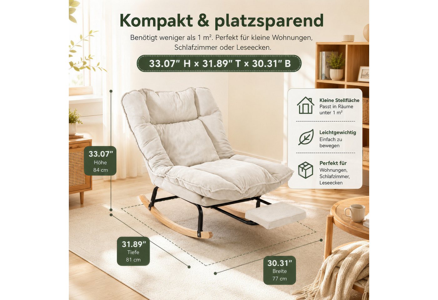 BlingBin Schaukelstuhl mit Fußstütze, verstellbar Rückenlehne, Schaukelsessel, Relaxsessel (Lesesessel, 1 St), Relaxstuhl, Gepolsterter sessel, Cord, bis 120 kg Bild 3