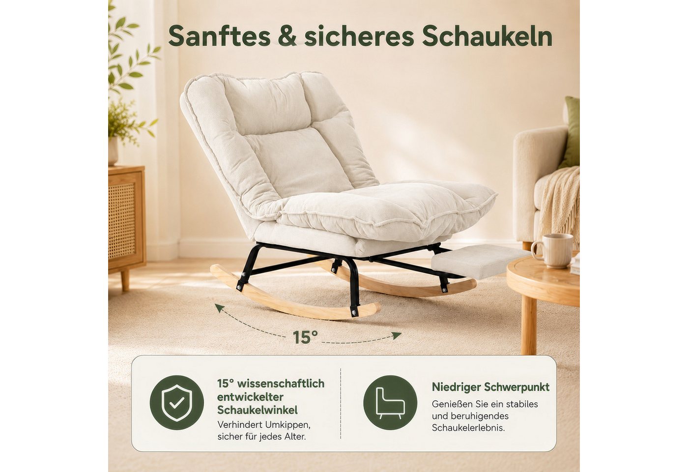 BlingBin Schaukelstuhl mit Fußstütze, verstellbar Rückenlehne, Schaukelsessel, Relaxsessel (Lesesessel, 1 St), Relaxstuhl, Gepolsterter sessel, Cord, bis 120 kg Bild 5