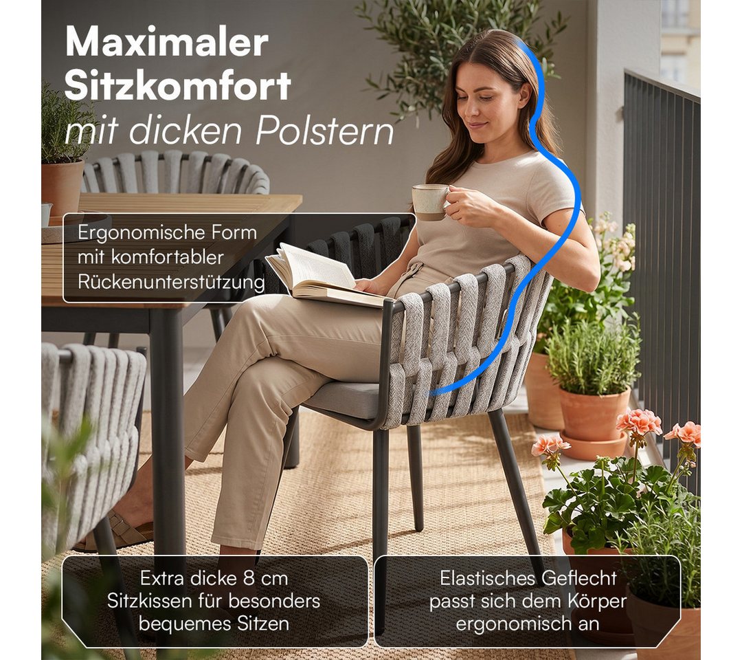 STEELSØN Gartenstuhl Tarian mit Sitzkissen, Loungesessel im Rope-Design (2er-Set, Hellgrau), wetterfest & höhenverstellbar, bis 120kg belastbar