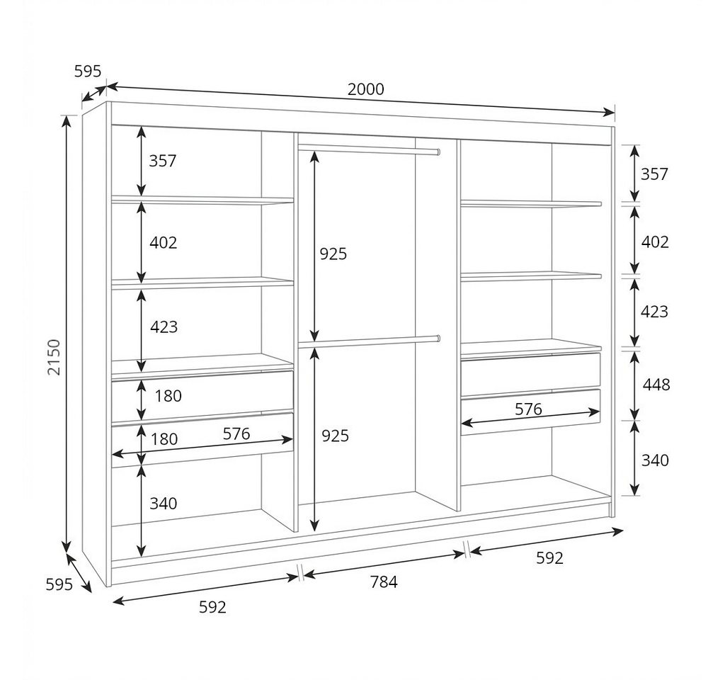 A&J MöbelLand GmbH Schiebetürenschrank VILUNO Moderner 3-türiger Kleiderschrank mit Spiegel (TOP ANGEBOT! Geräumiger Schrank mit einer Breite von 200 cm ideal zur Aufbewahrung von Kleidung und Accessoires. Wählen Sie das ideale Modell für Ihr Schlafzimmer!, TOP PRODUKT) Breite: 200 cm, Höhe: 215 cm, Tiefe: 59,5 cm