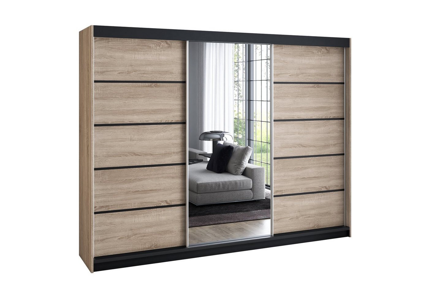 A&J MöbelLand GmbH Schiebetürenschrank VILUNO Moderner 3-türiger Kleiderschrank mit Spiegel (TOP ANGEBOT! Geräumiger Schrank mit einer Breite von 200 cm ideal zur Aufbewahrung von Kleidung und Accessoires. Wählen Sie das ideale Modell für Ihr Schlafzimmer!, TOP PRODUKT) Breite: 200 cm, Höhe: 215 cm, Tiefe: 59,5 cm Bild 2