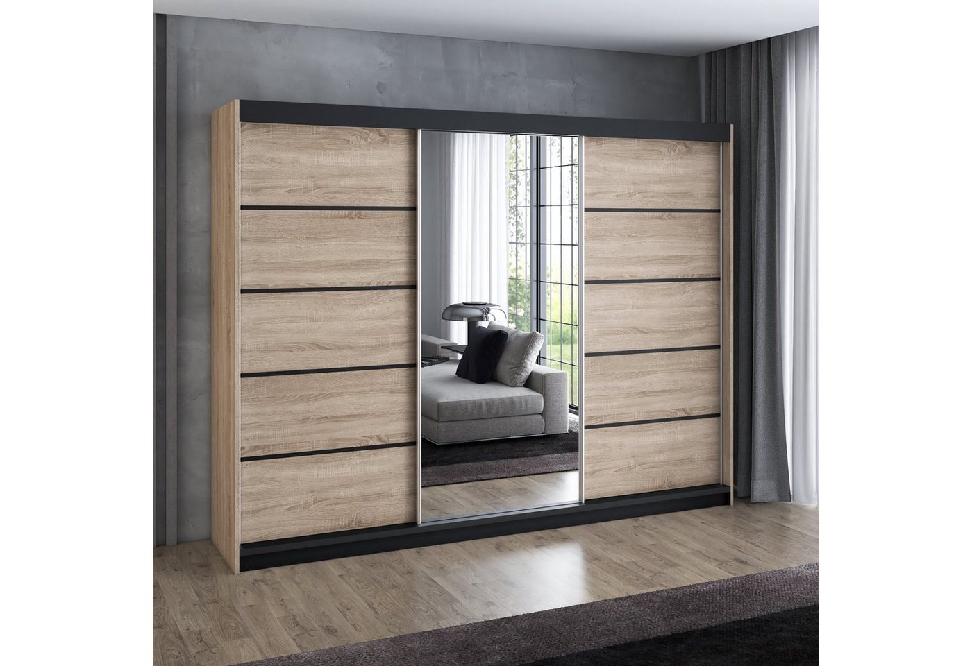 A&J MöbelLand GmbH Schiebetürenschrank VILUNO Moderner 3-türiger Kleiderschrank mit Spiegel (TOP ANGEBOT! Geräumiger Schrank mit einer Breite von 200 cm ideal zur Aufbewahrung von Kleidung und Accessoires. Wählen Sie das ideale Modell für Ihr Schlafzimmer!, TOP PRODUKT) Breite: 200 cm, Höhe: 215 cm, Tiefe: 59,5 cm Bild 3