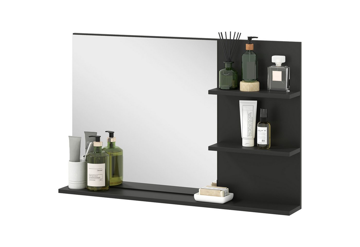 BAYMATE Spiegelschrank Moderner Badezimmerspiegel mit zwei seitlichen Ablagen und einer (unteren Ablage, aus Holz und Glas, 75 x 10 x 48 cm, Schwarz)