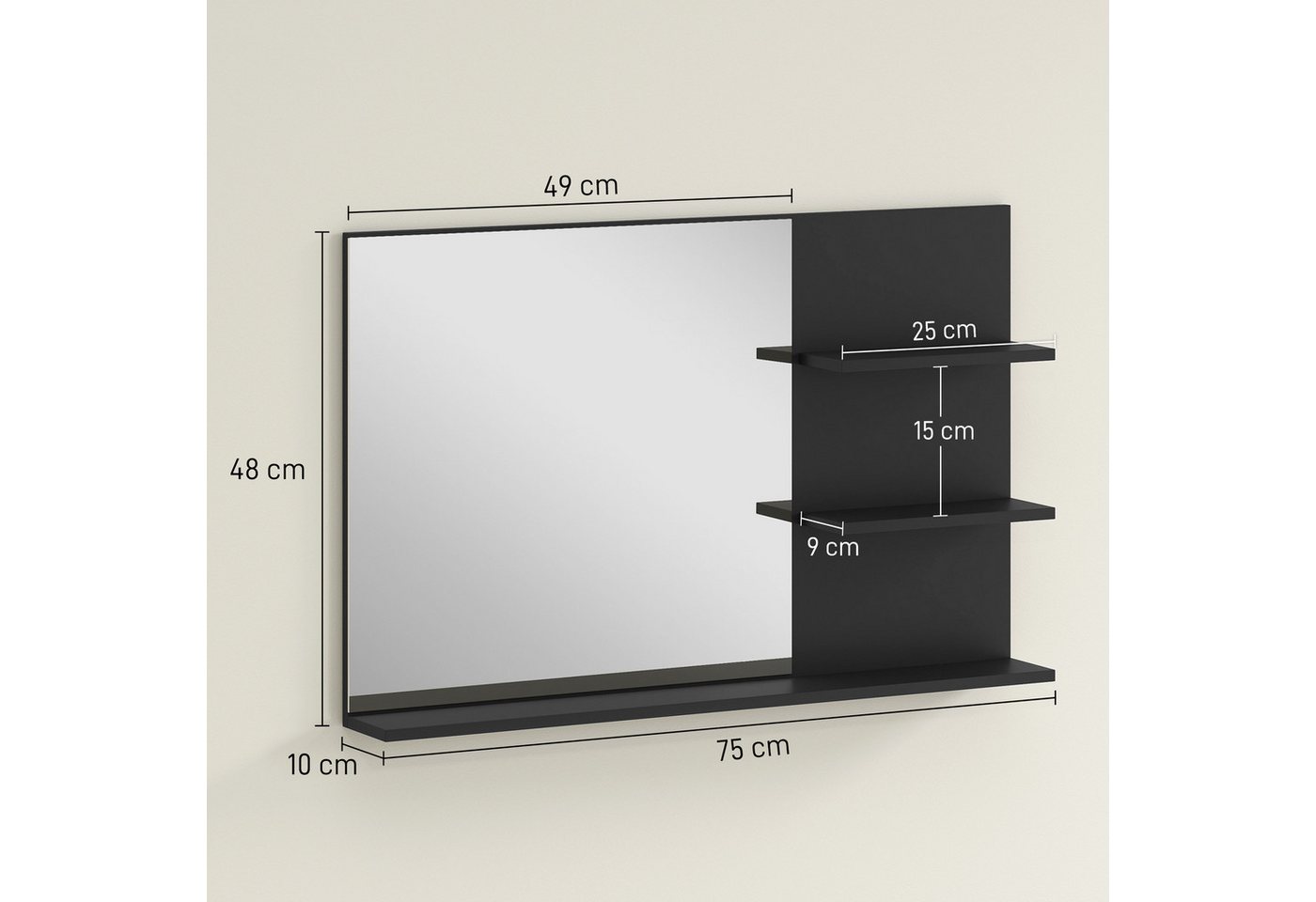 BAYMATE Spiegelschrank Moderner Badezimmerspiegel mit zwei seitlichen Ablagen und einer (unteren Ablage, aus Holz und Glas, 75 x 10 x 48 cm, Schwarz) Bild 2