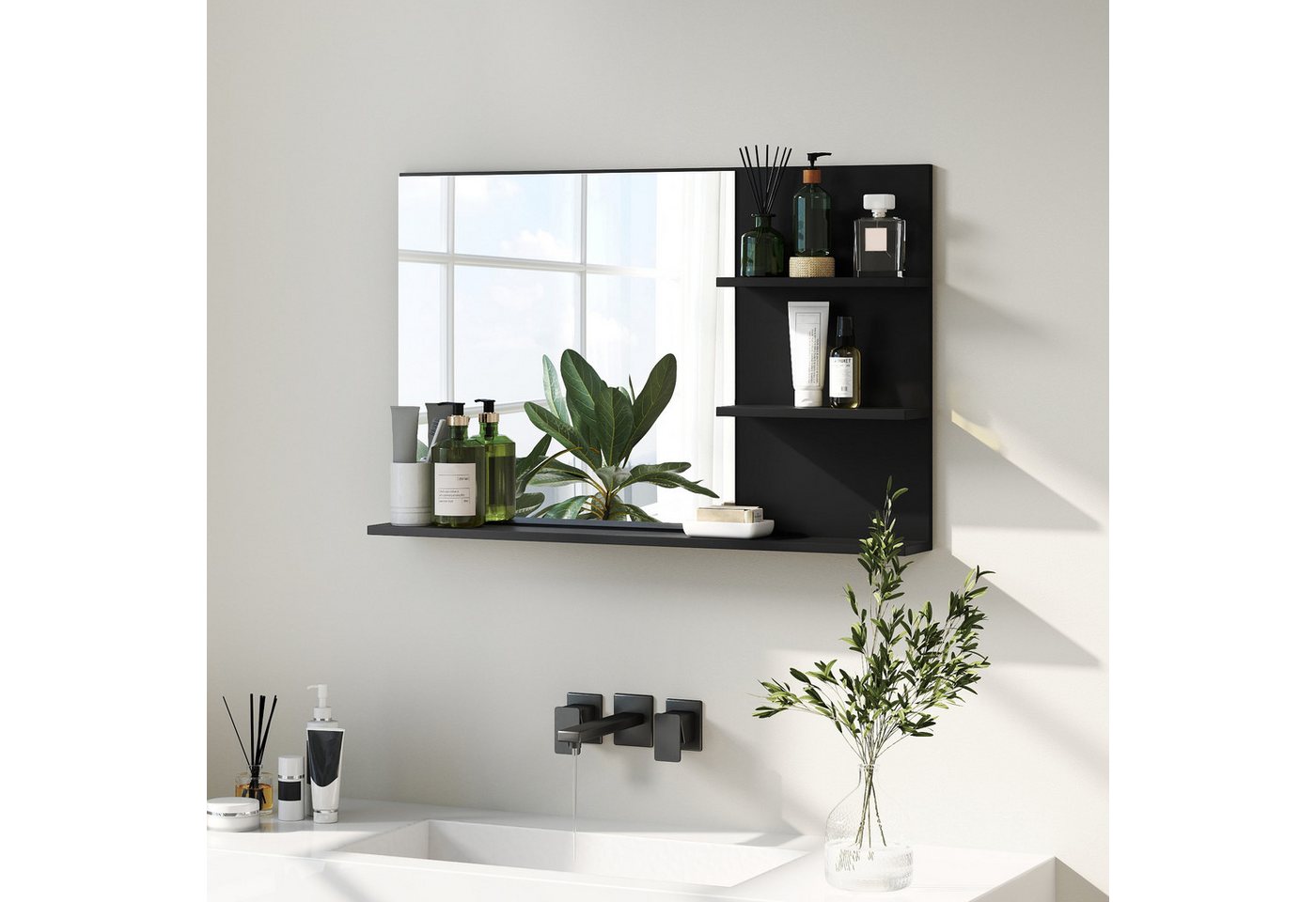 BAYMATE Spiegelschrank Moderner Badezimmerspiegel mit zwei seitlichen Ablagen und einer (unteren Ablage, aus Holz und Glas, 75 x 10 x 48 cm, Schwarz) Bild 3