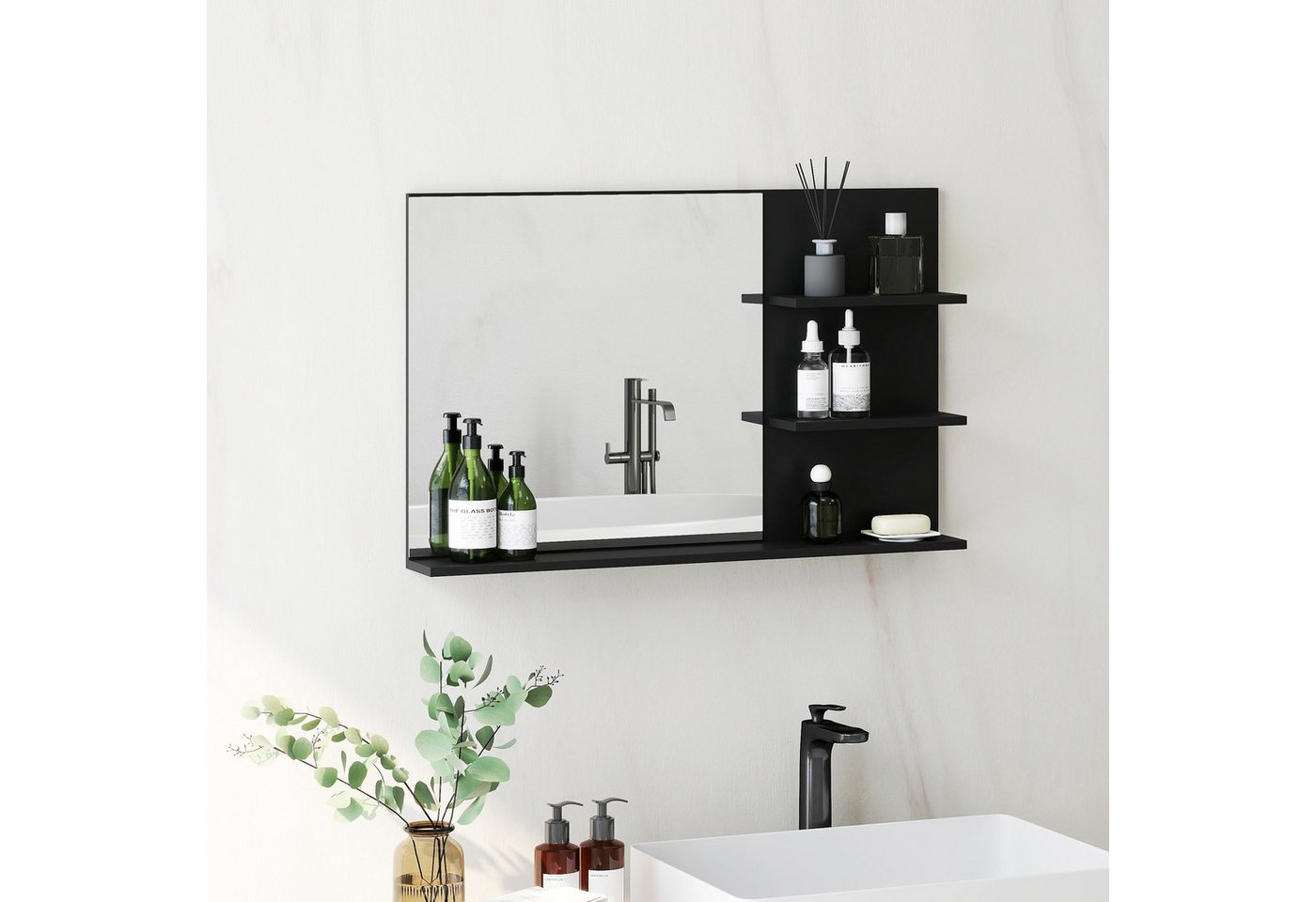 BAYMATE Spiegelschrank Moderner Badezimmerspiegel mit zwei seitlichen Ablagen und einer (unteren Ablage, aus Holz und Glas, 75 x 10 x 48 cm, Schwarz) Bild 4