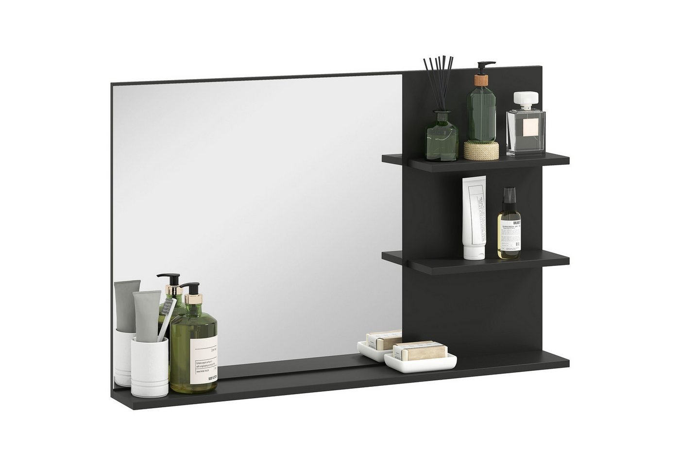 BAYMATE Spiegelschrank Moderner Badezimmerspiegel mit zwei seitlichen Ablagen und einer (unteren Ablage, aus Holz und Glas, 75 x 10 x 48 cm, Schwarz) Bild 5