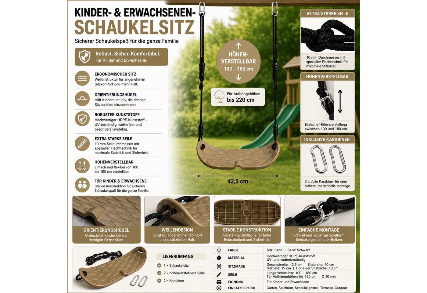 Loggyland Schaukelsitz Brettschaukel Braun aus HDPE mit Seilen, Karabinern, Ergonomisches Wellendesign, UV-beständig, höhenverstellbar Bild 2