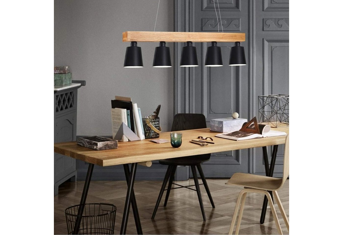 ZMH Pendelleuchte Esstisch Holz 3/ 5 Flammig Warmweiß Höhenverstellbar, LED wechselbar, 70x14x23CM