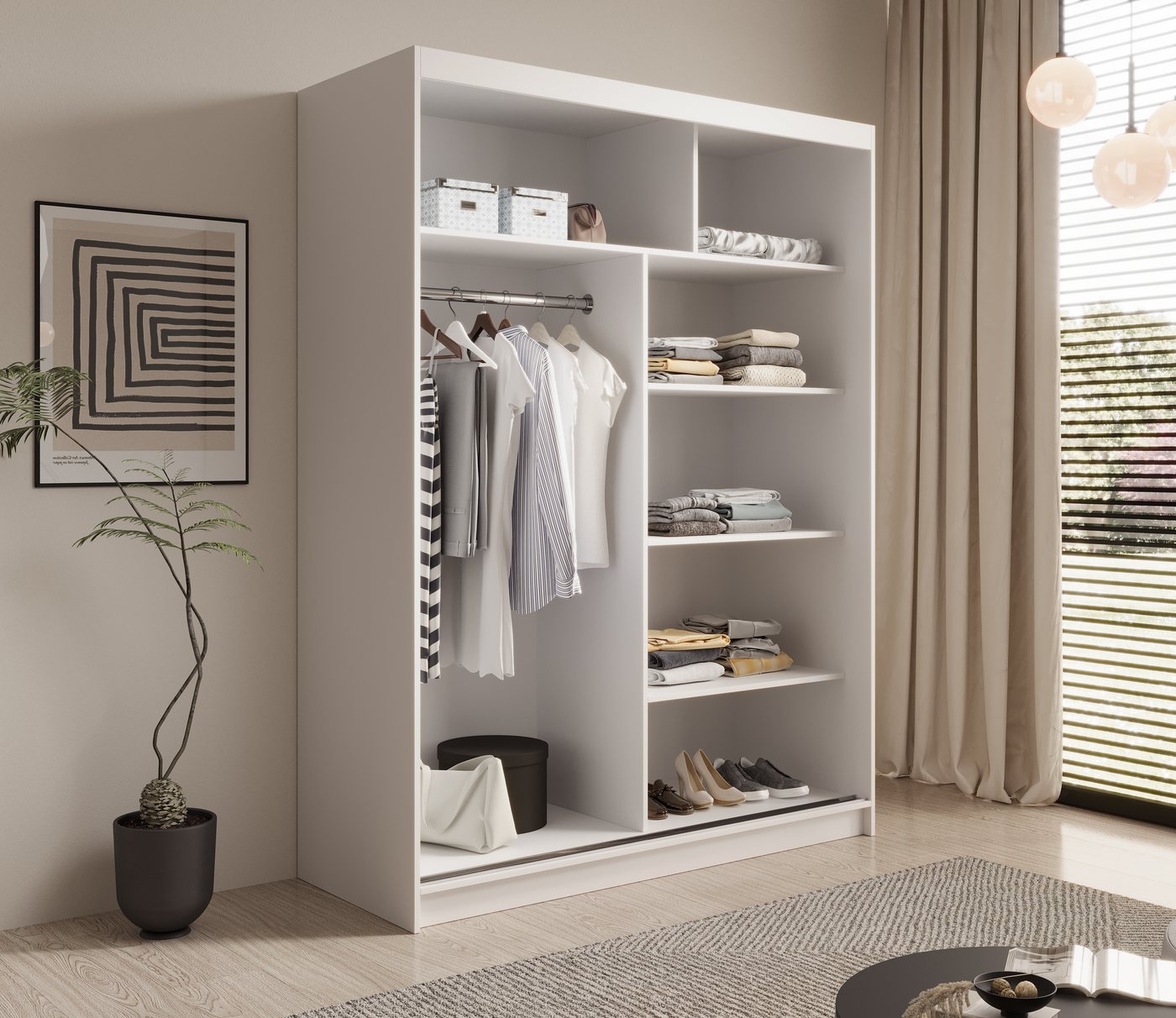 MOEBLO Schiebetürenschrank SANTINA 150 (Modern, Platzsparend, Viel Stauraum für Schlafzimmer, Schwebetürenschrank 2-türig Schrank Garderobe Schiebtüren) (BxHxT): 150x200x58cm Bild 4