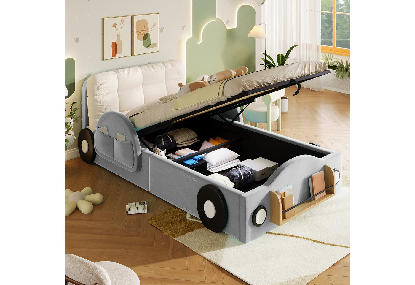 Flieks Autobett Polsterbett mit Hydraulik-Stauraum, 90x200cm mit Seitentaschen & Bücherablage & großem Kopfkissen Bild 2
