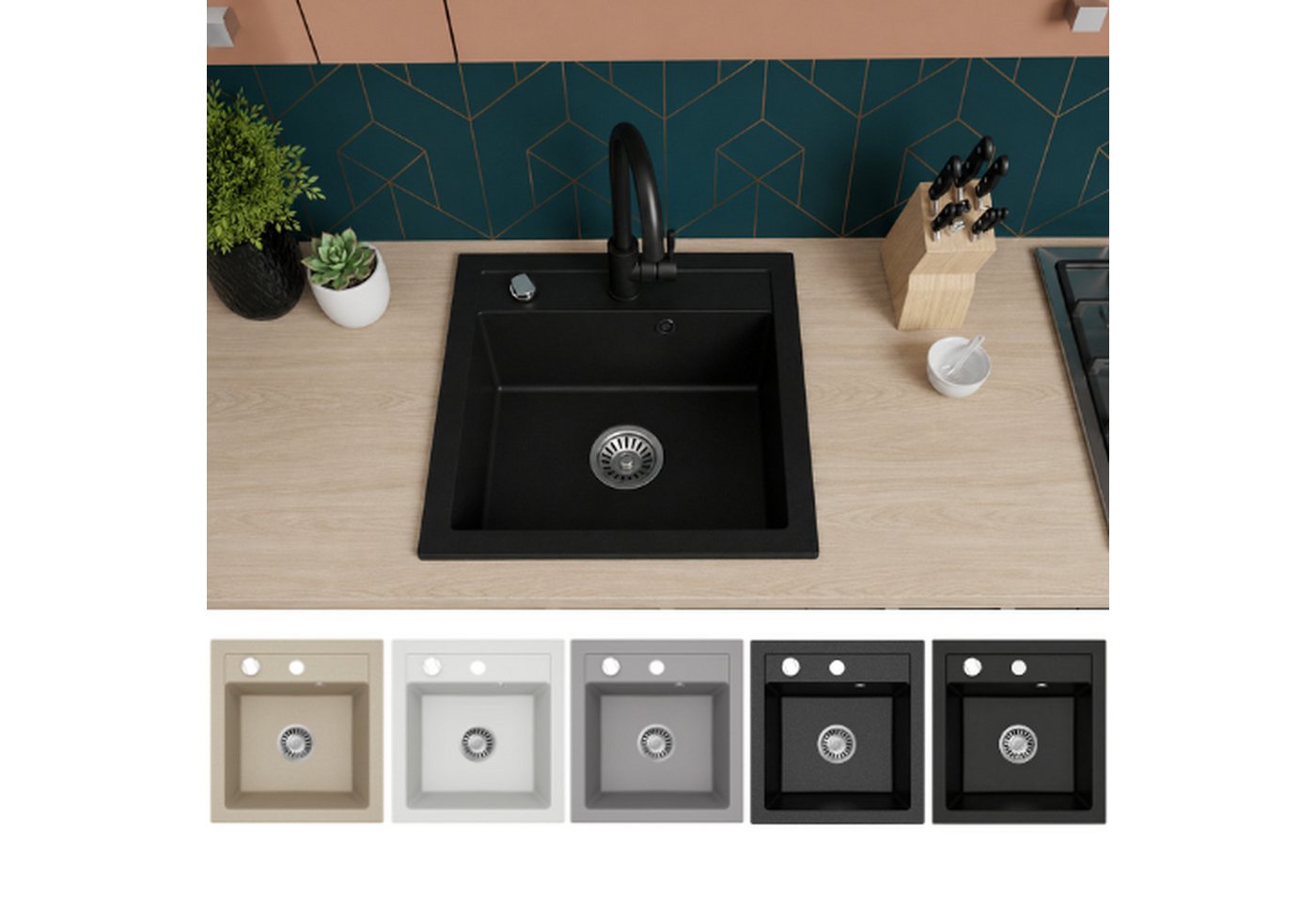 Faizee Möbel Granitspüle Granitspüle Milano 48x50 in verschieden Farben (Mattschwarz), Eckig
