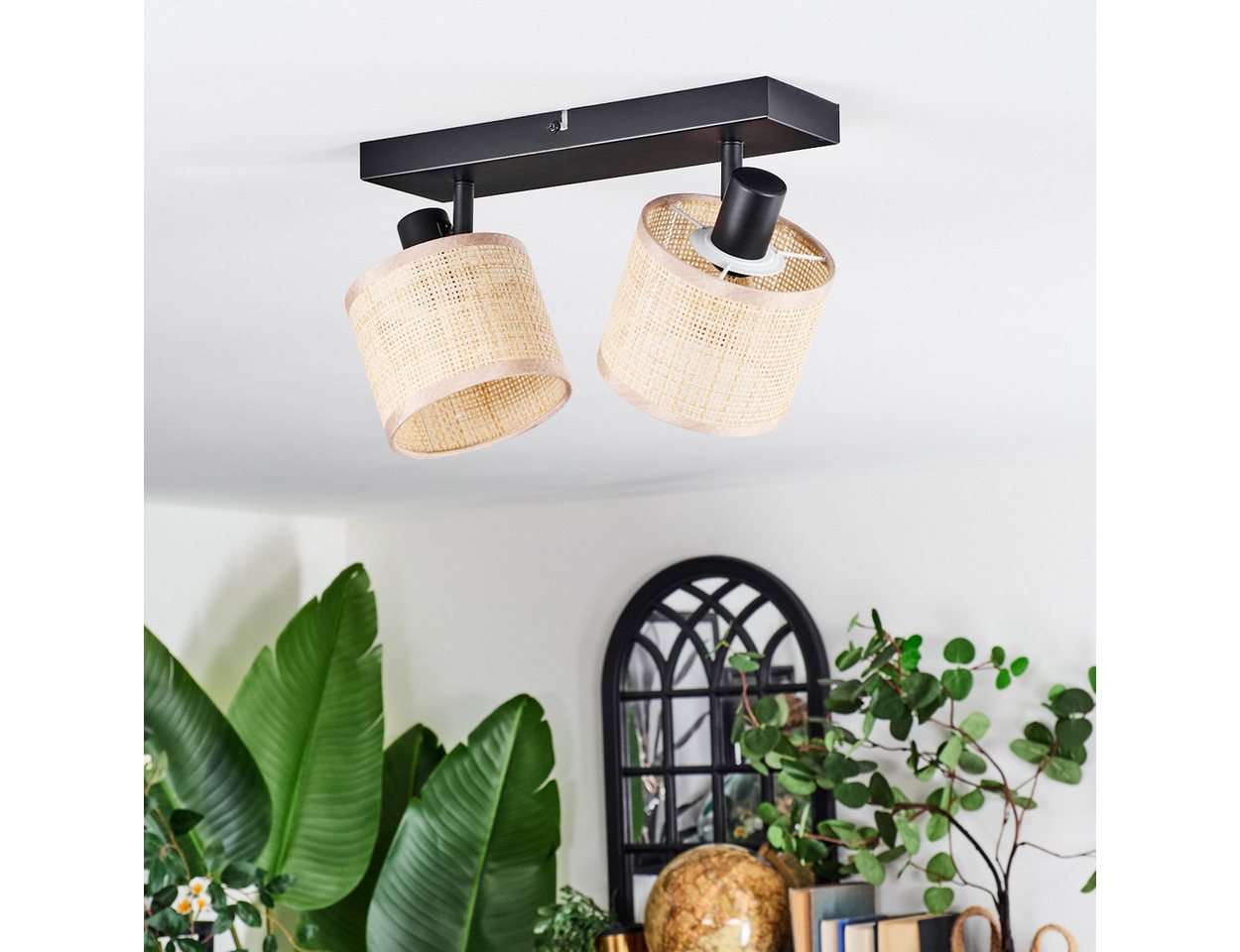 hofstein Deckenleuchte Deckenlampe aus Metall/Papiergflecht/Stoff in Schwarz/Natur/Braun, ohne Leuchtmittel, verstellbare Deckenleuchte im Boho-Design (Schirme Ø 12 cm), 2 x E14
