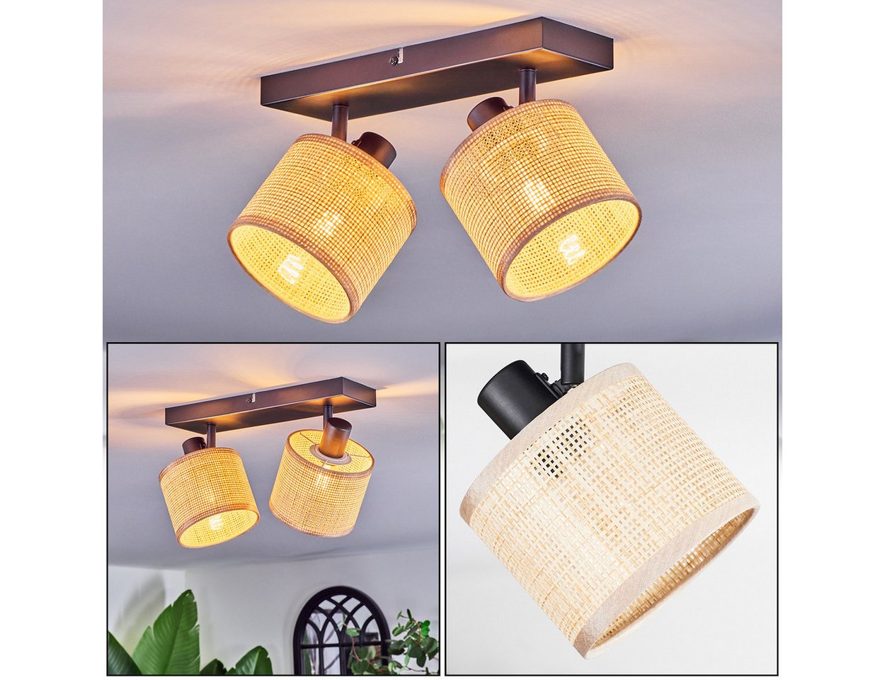 hofstein Deckenleuchte Deckenlampe aus Metall/Papiergflecht/Stoff in Schwarz/Natur/Braun, ohne Leuchtmittel, verstellbare Deckenleuchte im Boho-Design (Schirme Ø 12 cm), 2 x E14 Bild 2