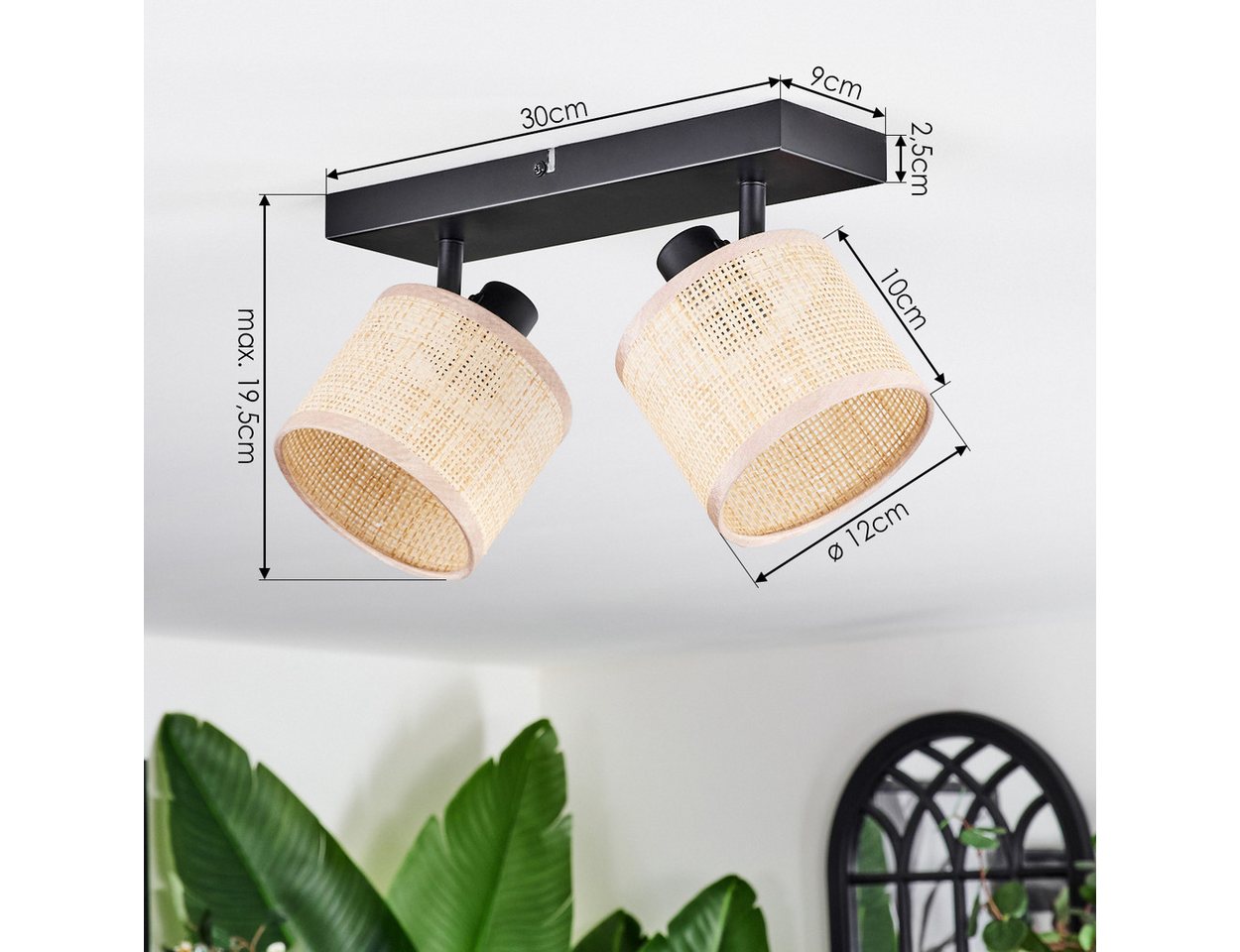 hofstein Deckenleuchte Deckenlampe aus Metall/Papiergflecht/Stoff in Schwarz/Natur/Braun, ohne Leuchtmittel, verstellbare Deckenleuchte im Boho-Design (Schirme Ø 12 cm), 2 x E14 Bild 4
