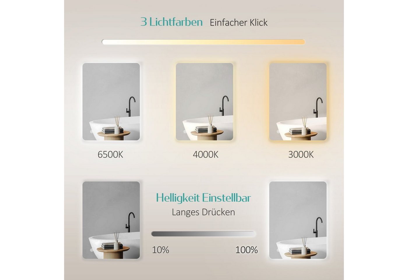 EMKE Badspiegel LED-Badspiegel 70 × 50 cm, 3 Lichtfarben, dimmbar (Vertikal und Horizontal möglich), Antibeschlag, Touch, Memory, Warmweiß/Naturweiß/Kaltweiß, IP44