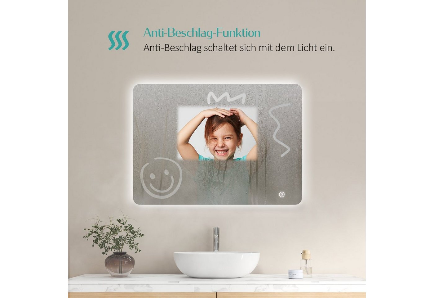 EMKE Badspiegel LED-Badspiegel 70 × 50 cm, 3 Lichtfarben, dimmbar (Vertikal und Horizontal möglich), Antibeschlag, Touch, Memory, Warmweiß/Naturweiß/Kaltweiß, IP44 Bild 2