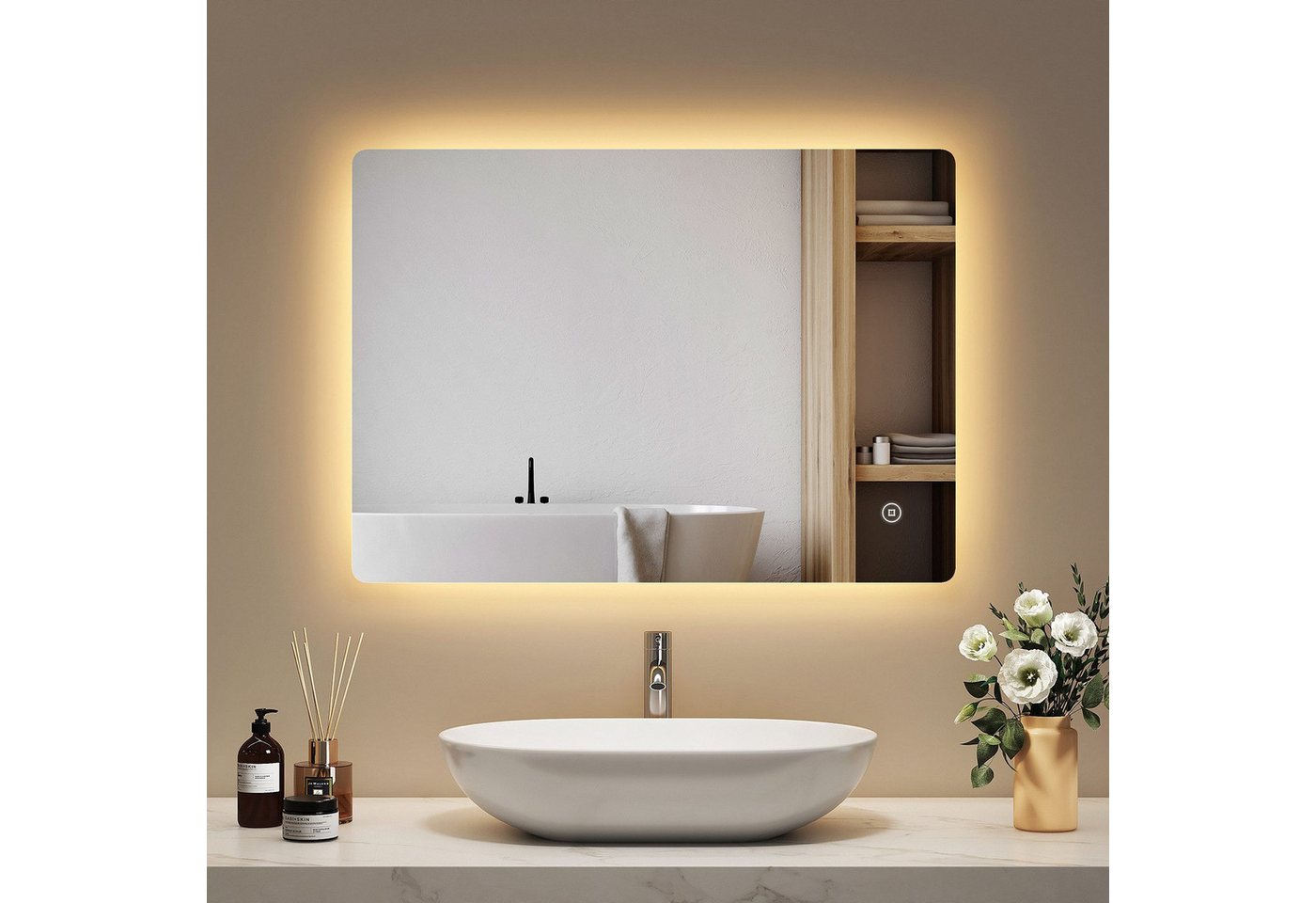 EMKE Badspiegel LED-Badspiegel 70 × 50 cm, 3 Lichtfarben, dimmbar (Vertikal und Horizontal möglich), Antibeschlag, Touch, Memory, Warmweiß/Naturweiß/Kaltweiß, IP44 Bild 3