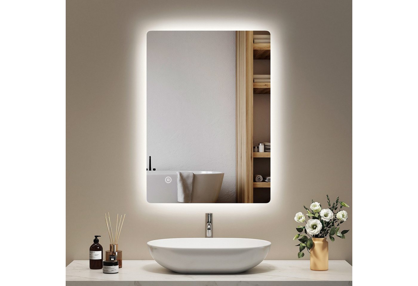 EMKE Badspiegel LED-Badspiegel 70 × 50 cm, 3 Lichtfarben, dimmbar (Vertikal und Horizontal möglich), Antibeschlag, Touch, Memory, Warmweiß/Naturweiß/Kaltweiß, IP44 Bild 4