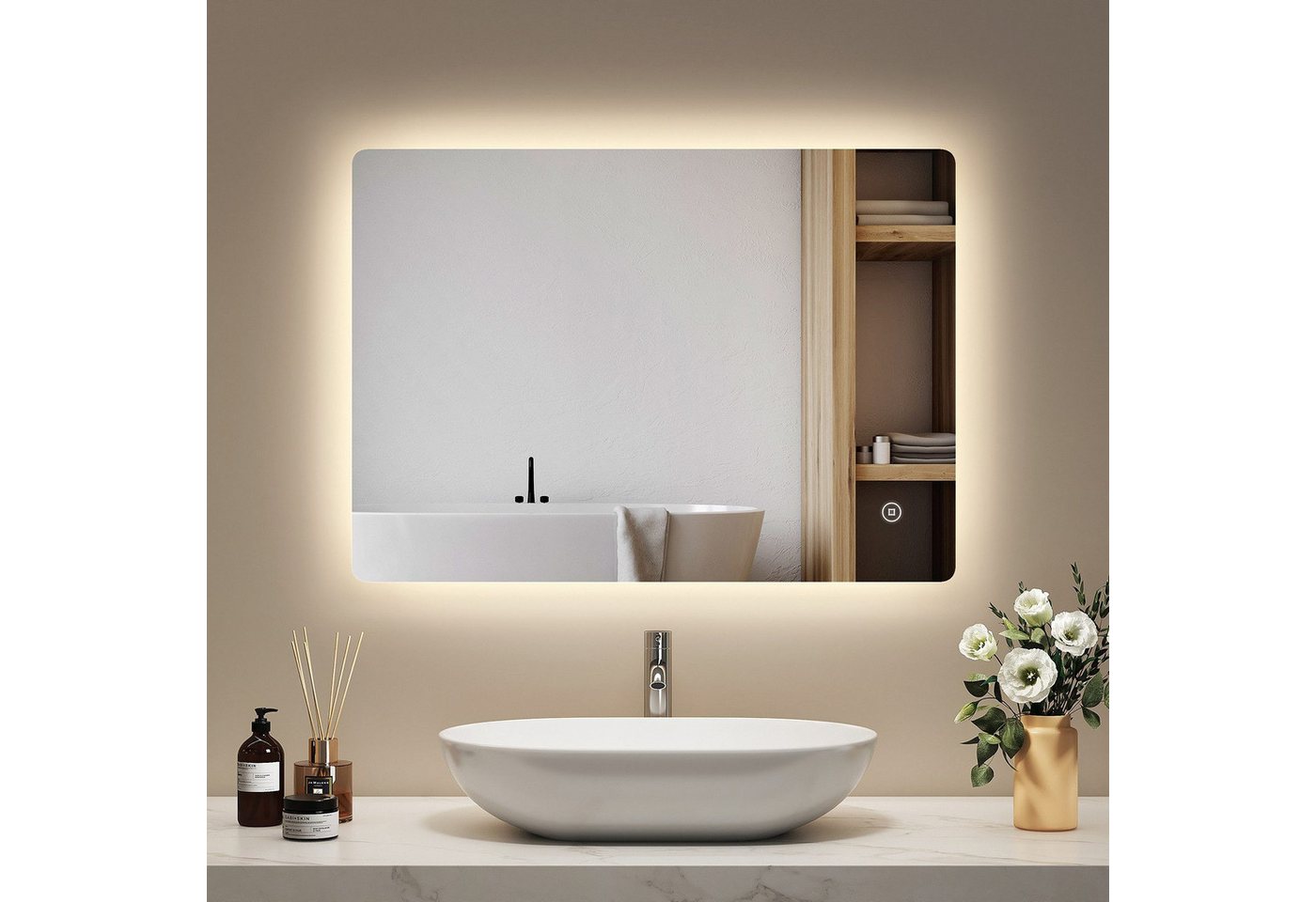 EMKE Badspiegel LED-Badspiegel 70 × 50 cm, 3 Lichtfarben, dimmbar (Vertikal und Horizontal möglich), Antibeschlag, Touch, Memory, Warmweiß/Naturweiß/Kaltweiß, IP44 Bild 5