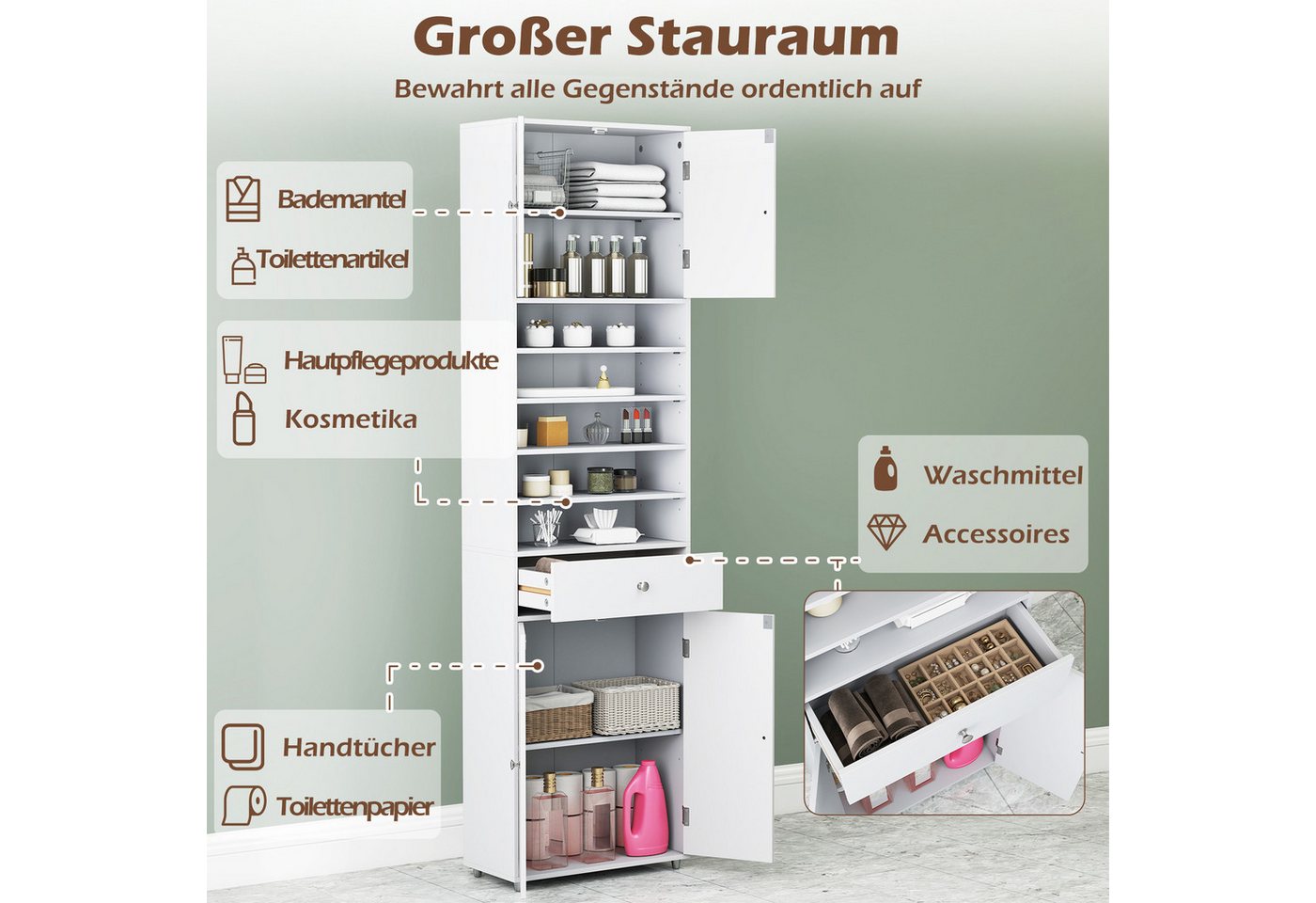 COSTWAY Badkommode, Badezimmerschrank Hochschrank 180 cm weiß